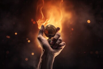 Sport. Man's hand holding up trophy medal. Winner in a competition. AI generated