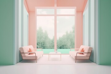 Interior, domestic modern room, minimalistic design in pink and mint green shades, AI generative