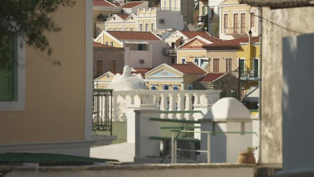 Colourful houses overlooking Symi Harbour from elevated position, Symi Town, Symi Island, Dodecanese Islands, Greek Islands, Greece, Europe