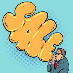 A man in a suit and glasses inflates balloons with the inscription SALE. Promotion of upcoming promotions among goods and services.