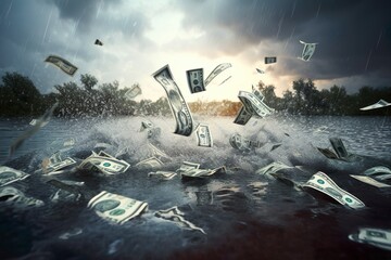 Money Rain into a Lake. Falling Money. Dramatic Sky. Rain. Generative AI