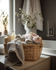 Wicker basket with white and pastel colors towels in a classic elegant bathroom, bathroom interior design with plants, vase, lotions bath items and natural light coming from the window, generative ai
