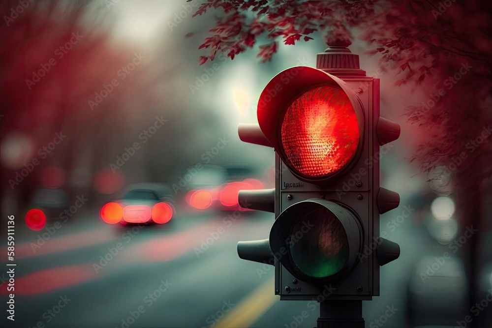 Canvas Prints red traffic light with blurred scenery in the background, creating a sense of motion, created with generative ai