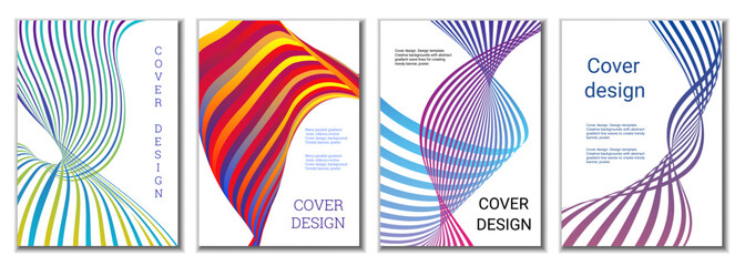 A set of 4 abstract covers. Wavy parallel gradient lines, ribbons evolve. Cover design, background. Trendy banner, poster.