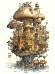 Fototapeta na wymiar Giant mushroom fantasy city, organic shapes growing out of swamp, strange culture, AI generative sketch illustration