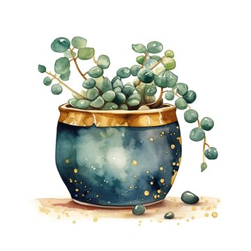 recommend clip art: String of pearls, house plant in cute pot, clip art on white background, Generative AI Illustration