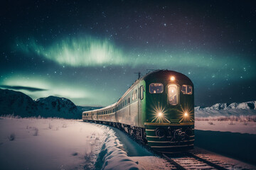 Fototapeta na wymiar Passenger Train in Snowy Arctic Night with Aurora Borealis. Train Ride Under Northern Lights in Arctic Winter Night. Created with generative technology.