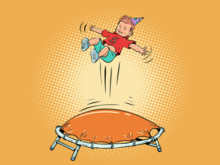 The boy is jumping on the trampoline. Entertainment for a childs birthday. Advertisement for an entertainment center for children.