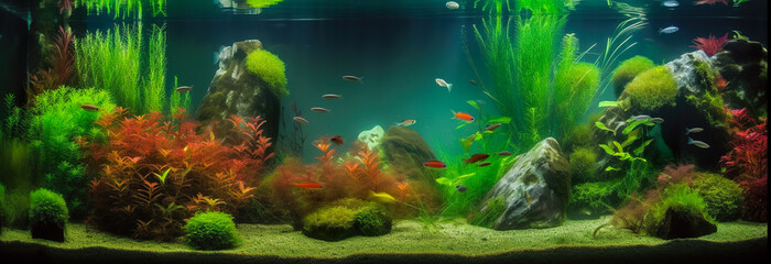 Fototapeta na wymiar Aquarium, aquascaping example, with plants and fishes, panoramic banner, AI generative illustration