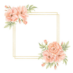 Square Frame with watercolor Roses and leaves. Hand drawn Template for greeting cards or wedding invitations with golden texture on isolated background. Floral illustration for party design.
