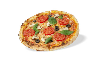 Pizza margherita with tomatoes and mushrooms on a white isolated background