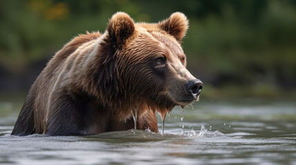 Plakat a grizzly bear hunts for fish in the water in the wild nature. Generative AI