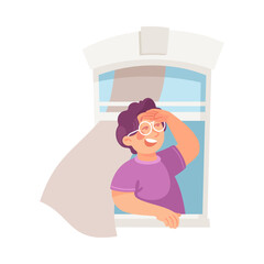 Boy Character in Glasses in Window Looking Into the Distance Vector Illustration