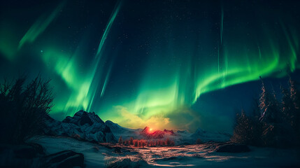 Naklejka premium Night Sky Nature Outdoor Camping, with Northern Lights and Mountains. Generative AI.