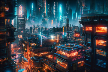 The futuristic cityscape below looks like something straight out of a sci-fi movie, with neon lights flickering and flying cars zooming through the air