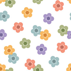 Fototapeta na wymiar Seamless vector pattern with cute colorful flowers. Fun design. Vintage Easter illustration. Hand drawn floral background for wrapping paper, textile, gift, fabric, wallpaper, packaging, apparel.