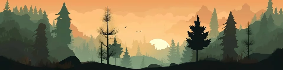 Poster Panoramic banner with forest, black forest on sunrise, Fall mountains, AI generative panorama © Friedbert
