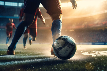 Fototapeta premium A vibrant, action-packed soccer field with players frozen mid-stride, a dynamic lens flare highlighting their intense focus