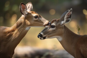 White-Tailed Deer Licks Her Fawn. AI generated