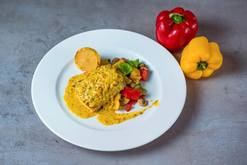 Seabass Fillet with roasted Vegetable and saffron lemon butter sauce served in dish isolated on grey background top view of bahrain food