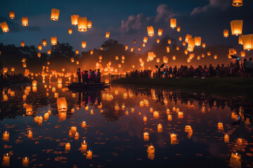 Fototapeta na wymiar A Sea of Glowing Lanterns: A Stunning Reflection Over Water. Generative Ai