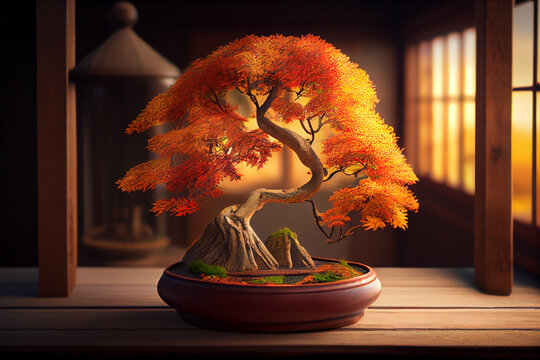 Japanese red bonsai tree art display on the black wooden table with grey wall decoration in luxury hotel room