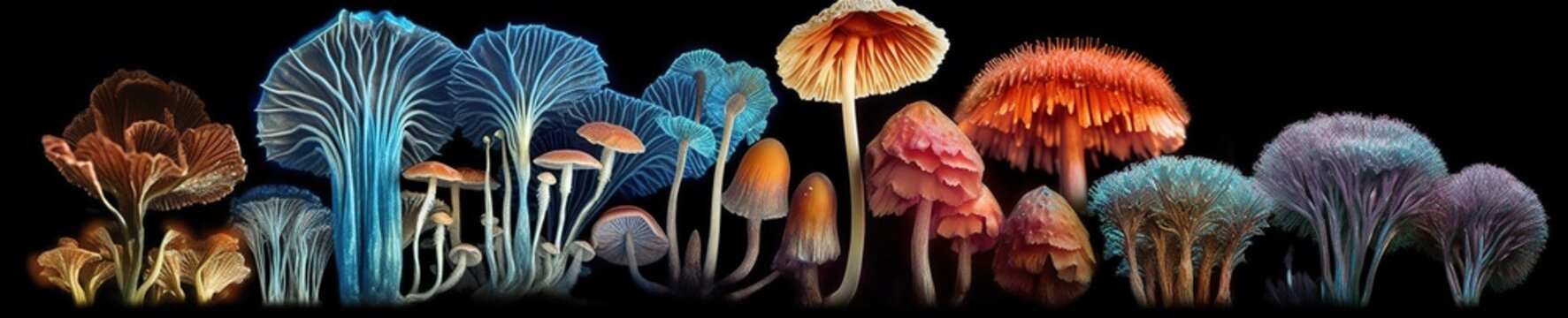 Panoramic banner, various mushroom species, every size and color in a row, vivid colors, AI generative panorama illustration on black background