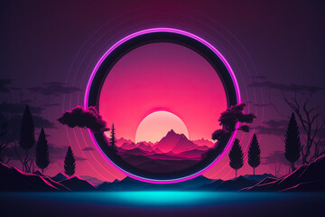 Abstract background with neon circle in the center with sunrise/sunset sun. Retro cyberpunk style background. Neon light grid landscapes. Generative AI