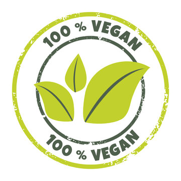100 percent vegan icon. Vector label, logo, sticker. Textured round organic, bio, eco symbol with green leaves. Concept of lactose free, nonviolent healthy, fresh food