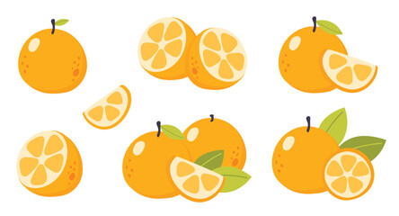 Vector Orange Set isolated on a white background. Cute cartoon illustration of organic food. Life compositions, whole and sliced natural fruites with green leaves