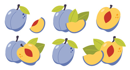Vector Plum Set isolated on a white background. Cute cartoon illustration of organic food. Life compositions, whole and sliced natural fruites with green leaves
