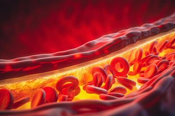 Clogged artery and atherosclerosis disease medical concept with a three dimensional human artery with blood cells that is blocked by plaque buildup of cholesterol. Generative AI - obrazy, fototapety, plakaty
