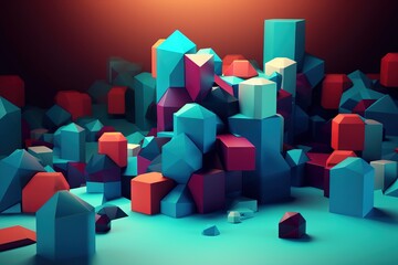  a bunch of colorful shapes that are on the ground in the dark night time, with a red light shining on them and a red light shining on the top of the area.  generative ai