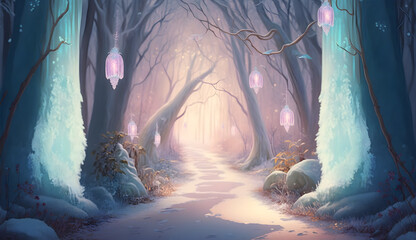 Elegant icy glow path through a fantastic winter forest, cozy colors, winter and pastel colors, fireflies and twinkle