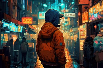  a man in a red jacket is standing in a city at night with neon signs and neon lights on the buildings and people walking down the street.  generative ai
