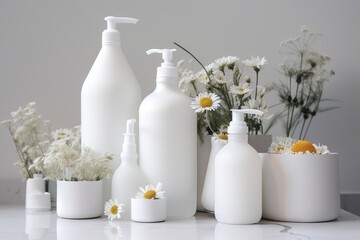  a white counter topped with lots of white bottles and vases filled with white and yellow flowers next to white containers filled with white and yellow flowers.  generative ai