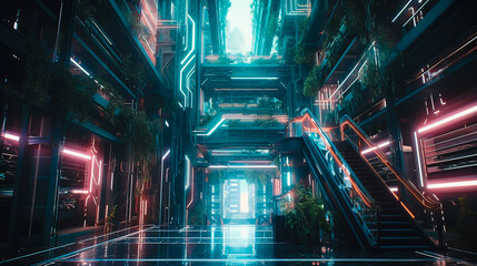 Fototapeta na wymiar Concept art illustration of futuristic atrium in cyberpunk style. Cyberpunk interior. Generative AI.