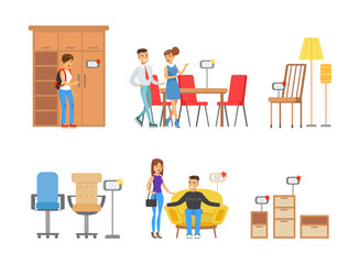 Smiling Man and Woman Shoppers In Furniture Shop Vector Set