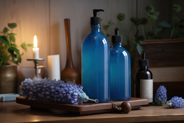 Obraz na płótnie Canvas three bottles of blue liquid sitting on a table next to lavenders and a candle with a lit candlelight in the background behind them. generative ai