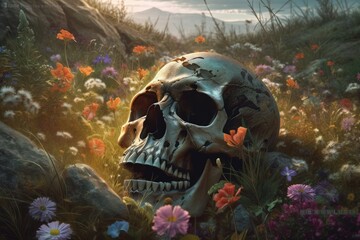  a painting of a human skull in a field of wildflowers and rocks with a mountain in the background with a sky in the background.  generative ai