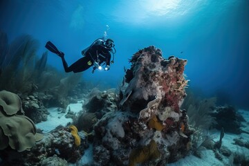 Fototapeta na wymiar a scuba diver swims over a coral reef in the ocean with a camera on his shoulder and a camera on his shoulder and a camera in his hand. generative ai