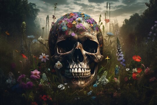  a skull in a field of flowers with a cloudy sky in the background of the picture is a full view of a field of flowers.  generative ai