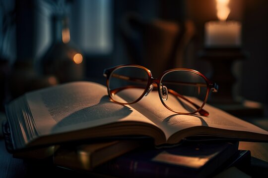  a book with glasses on top of it next to a lit candle and a candlelight on a table in a dark room with a chair.  generative ai