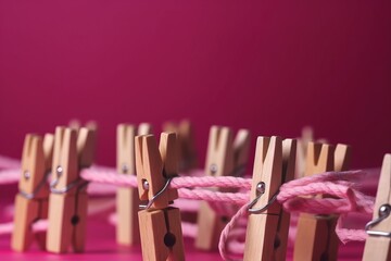  a group of clothes pins tied to a pink string with a pink background and a pink wall in the background with a pink wall behind them.  generative ai