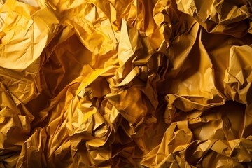  a pile of yellow crumpled paper sitting on top of a wooden table next to a wall covered in yellow sheets of paper and a clock.  generative ai
