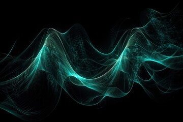  a computer generated image of a wave on a black background with a green glow in the middle of the wave is a dark background with a black backdrop.  generative ai