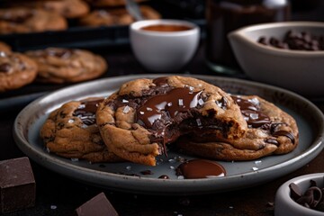  a plate of chocolate chip cookies with a bite taken out of one of the cookies and a bowl of chocolate chips in the back ground.  generative ai