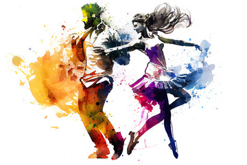 The dancing male and female with colorful spots and splashes on white background.