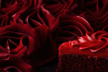  a piece of cake with red frosting on it and a rose in the background with a red rose on top of the cake and a black background.  generative ai