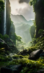 Naklejka na ściany i meble Beautiful valley in a tropical rainforest during a misty sunset - portrait wallpaper - generative AI